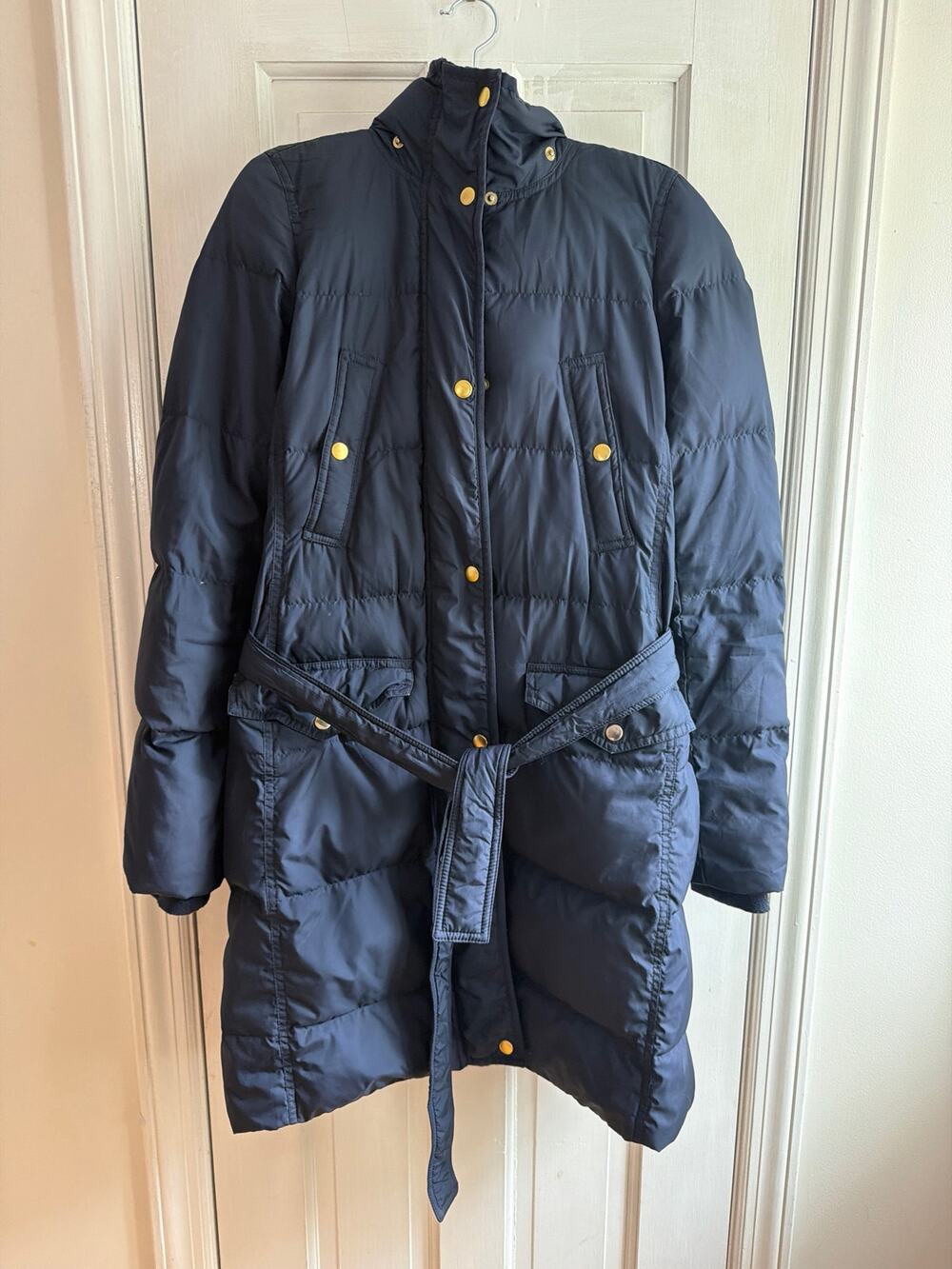 J.Crew Belted Long Down Puffer Coat - Navy Blue, Extra Small (XS) 